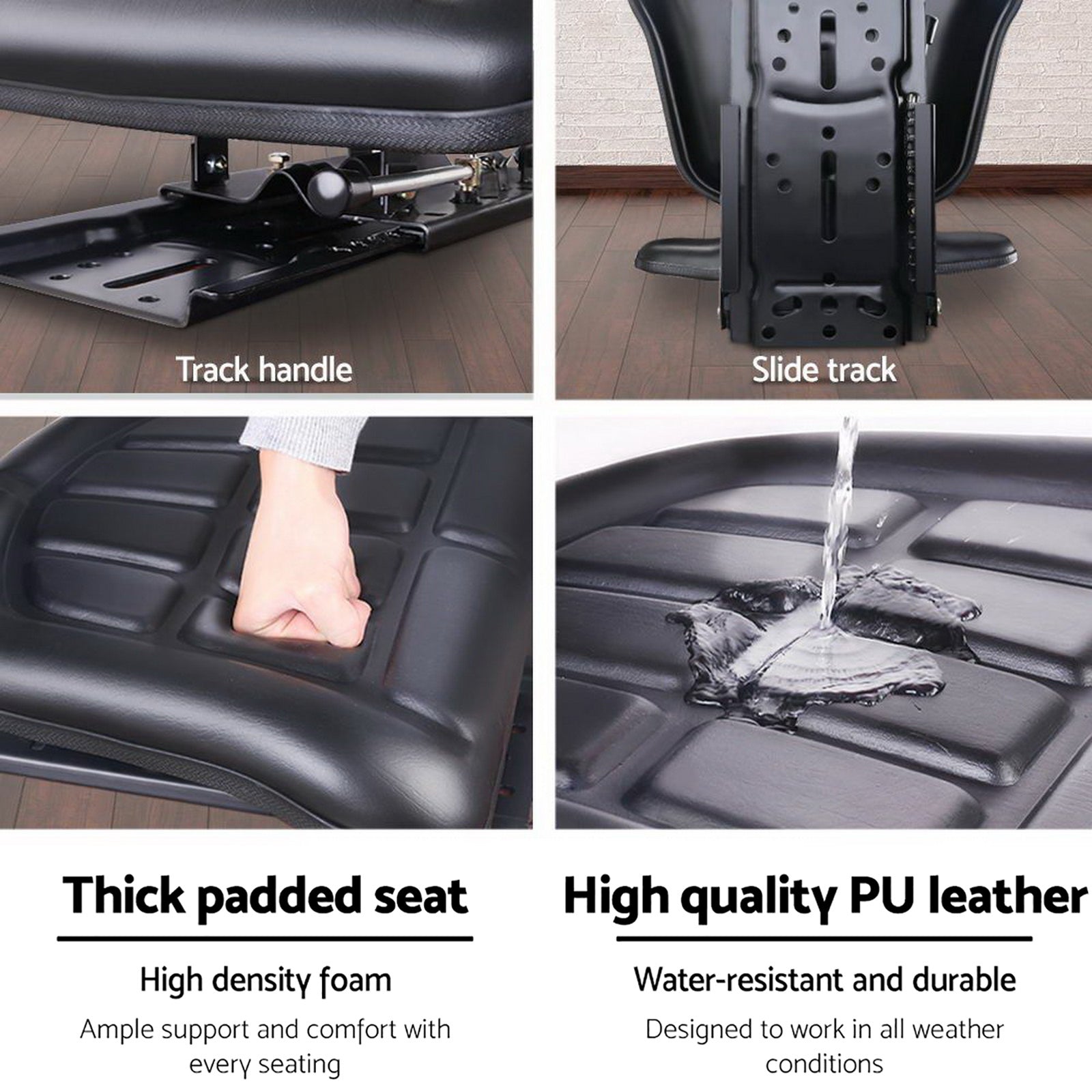 Giantz PU Leather Tractor Seat with Sliding Track in black, featuring thick padding and adjustable sliding track for comfort and support.